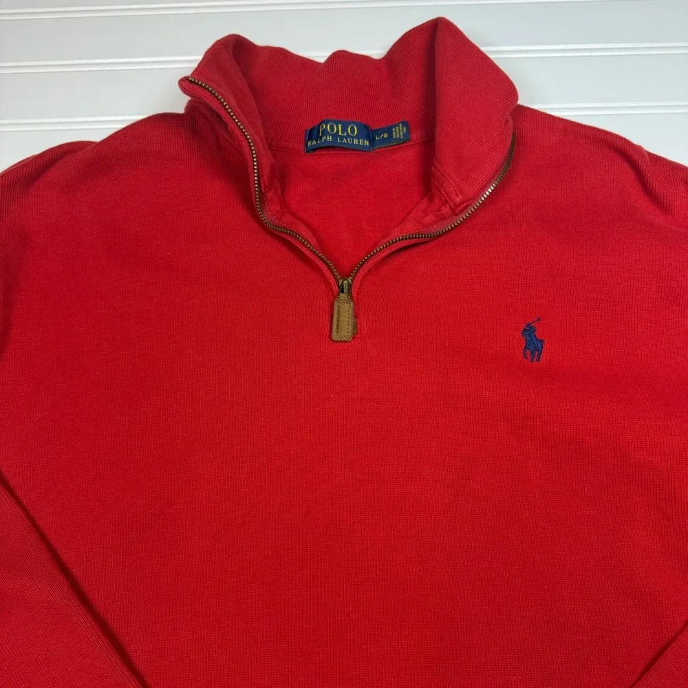 Polo Ralph‎ Lauren Mens Red Quarter Zip Cotton Knit Pullover Sweater Size Large
